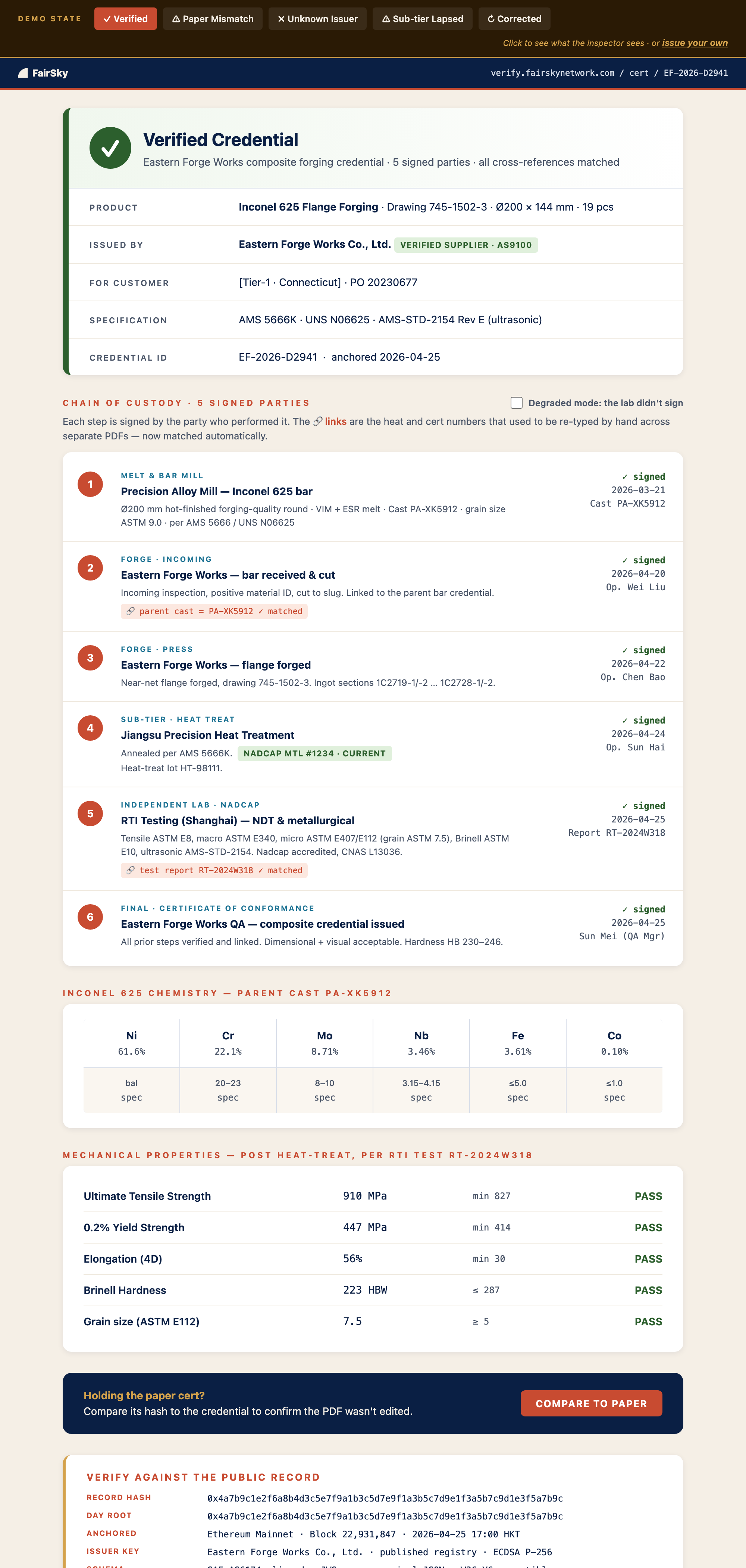 Buyer verification page — verified credential with 5-party chain of custody