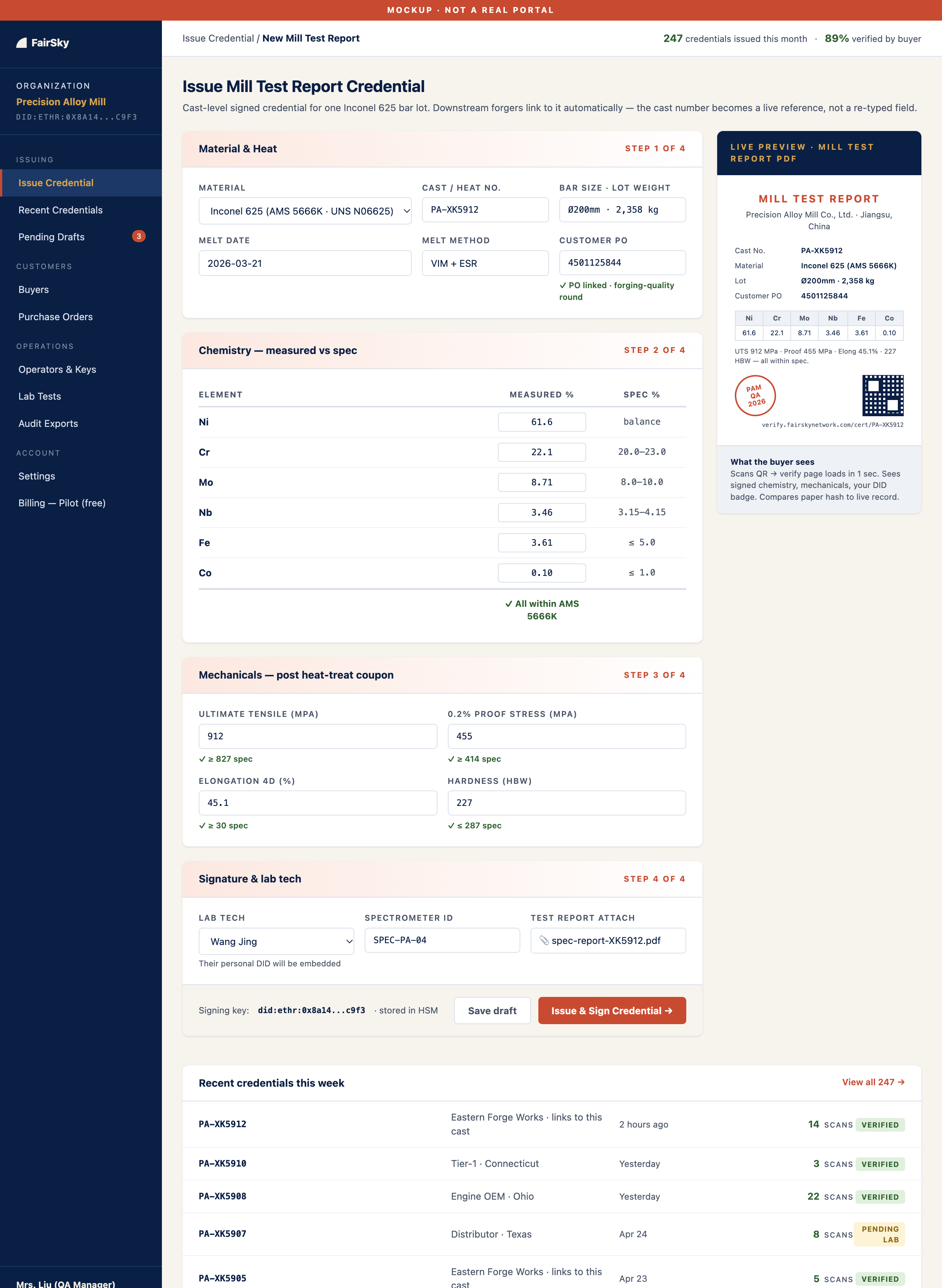 Supplier issuing portal — the pilot mill issues an Inconel 625 credential